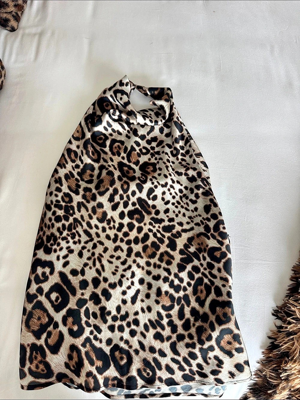 Zara Animal Print Asymmetric Satin Halter Top